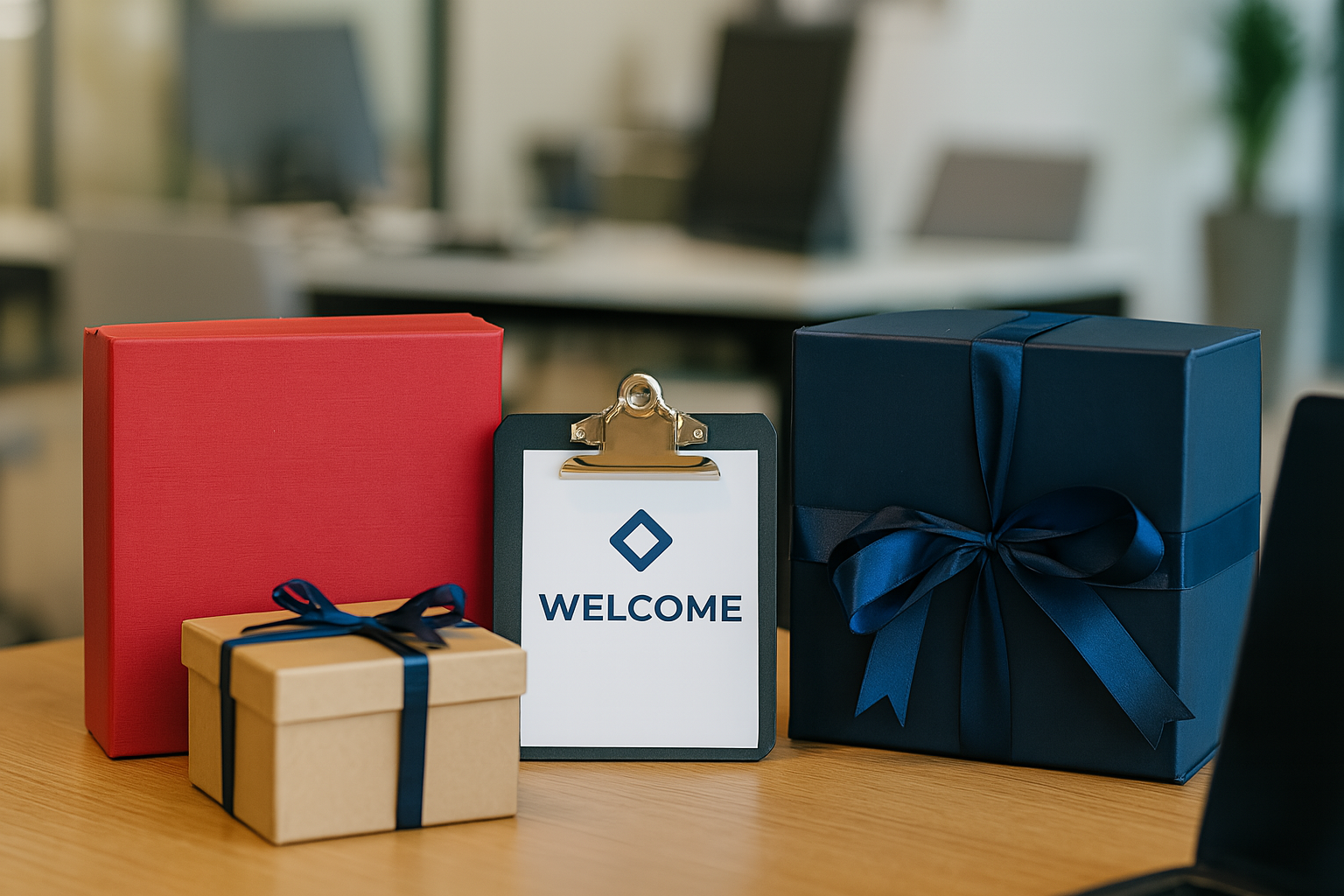 welcome-sign-with-gift-boxes-on-office-desk-showing-corporate-onboarding-and-power-of-branded-gifting
