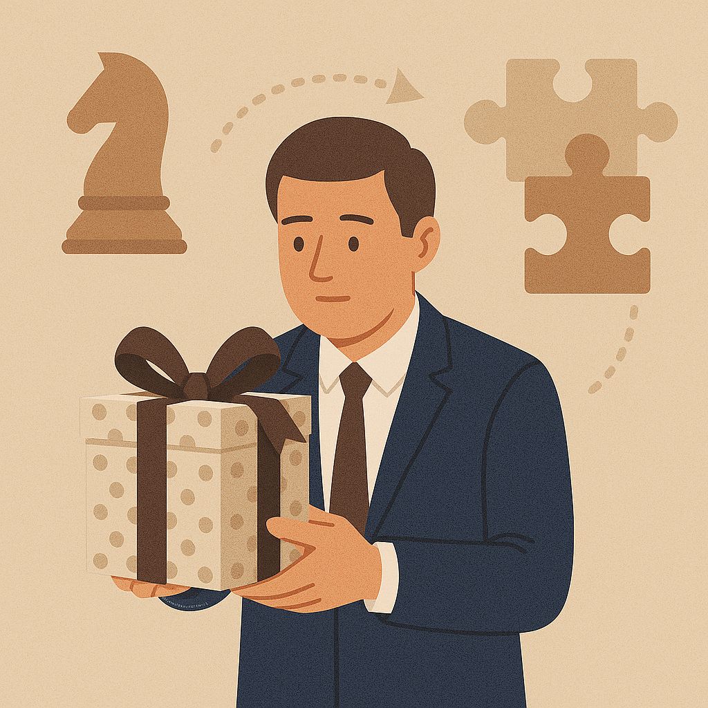 businessman-holding-generic-gift-box-without-branding-amid-chess-and-puzzle-icons-signifying-missed-opportunity
