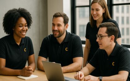team of professionals wearing branded black polo shirts discussing at office