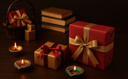 Diwali gifts with diyas and golden ribbons on a festive table for corporate gifting