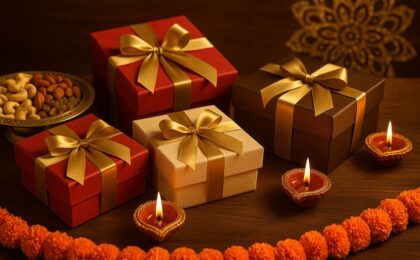 Diwali gift boxes with golden ribbons, dry fruits, and diyas arranged on a festive table