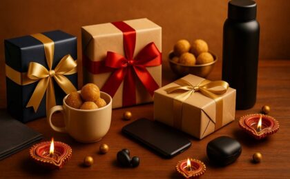 Diwali gifts with laddus, tech accessories, and diyas for employees on a wooden table