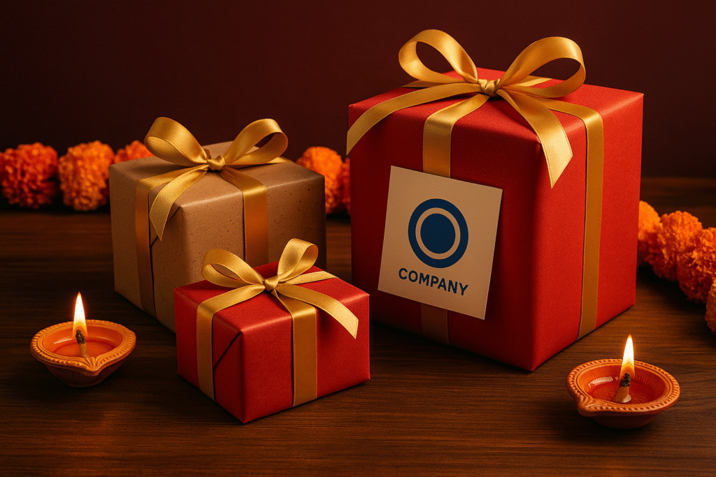 Diwali gift boxes with golden ribbons, marigold garland, and company logo for branded corporate gifting