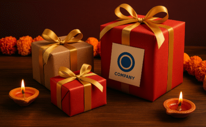 Diwali gift boxes with golden ribbons, marigold garland, and company logo for branded corporate gifting