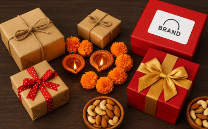 Mix of locally wrapped kraft paper gifts and branded red gift boxes with marigold flowers, diyas, and nuts on a wooden table